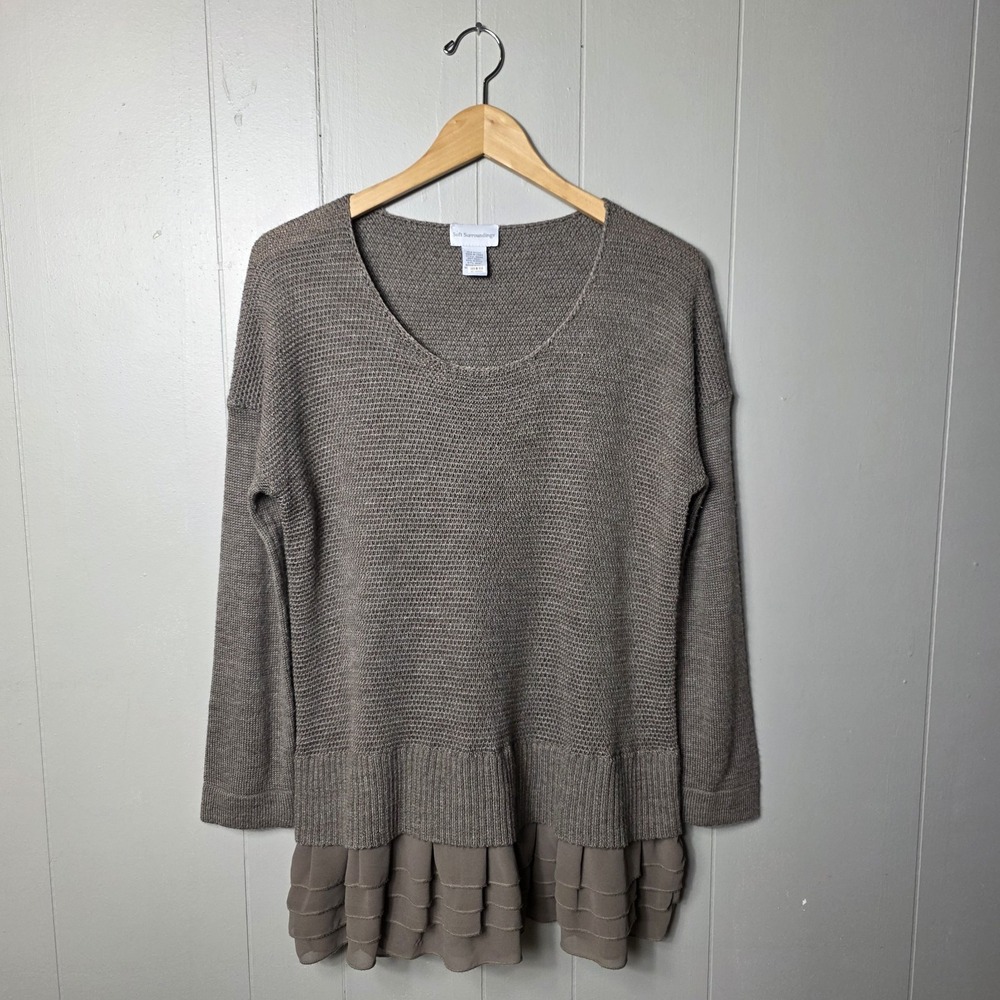 SOFT SURROUNDINGS MOCHA BROWN WOOL BLEND SWEATER CHIFFON RUFFLE HEM PETITE LARGE